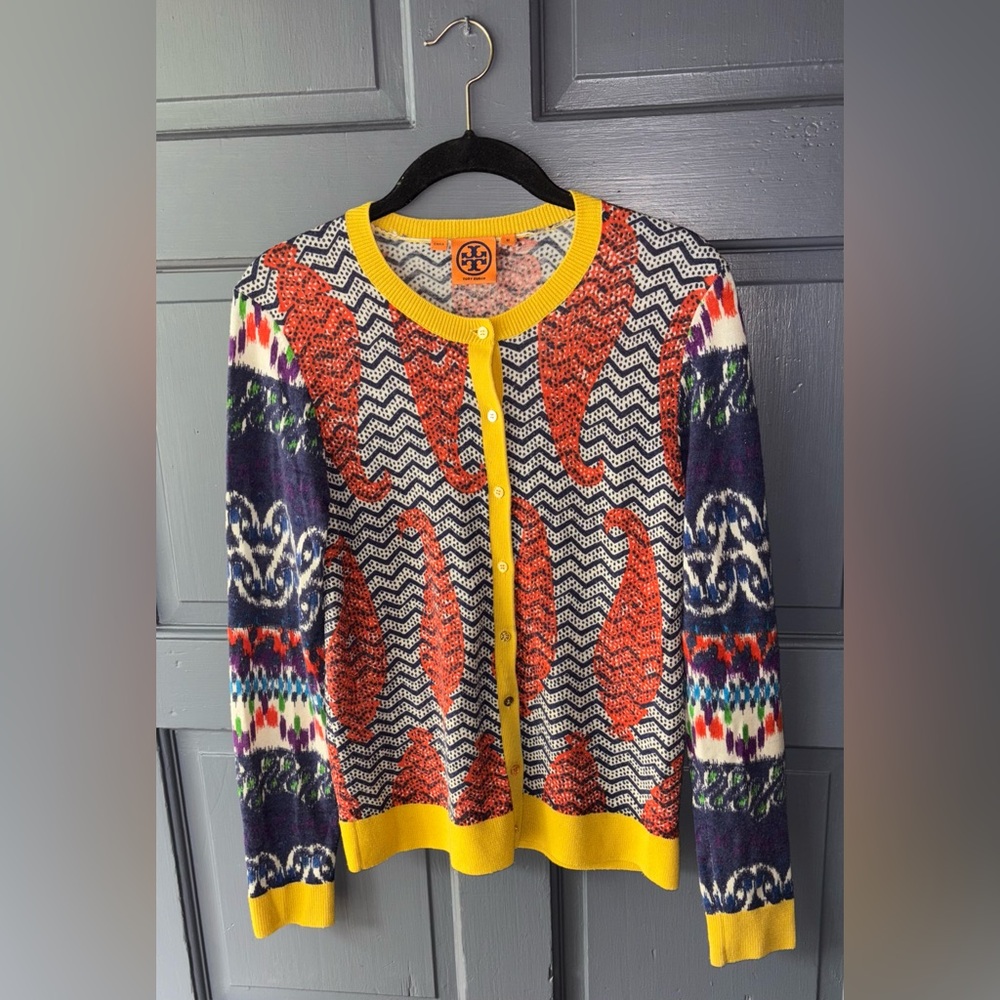 Tory Burch 100% Merino Wool Vibrant Yellow & Orange Accents Cardigan Size Medium